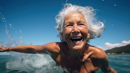 joyful senior woman swimming in the ocean, enjoying her active and healthy lifestyle	