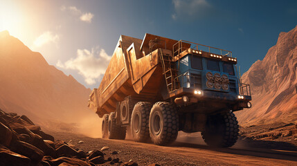 Mining truck transporting minerals, heavy-duty vehicle designed for hauling extracted ores and other valuable resources from mining sites - obrazy, fototapety, plakaty