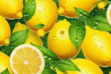 Vibrant lemon pattern with sparkling water droplets. Generative AI