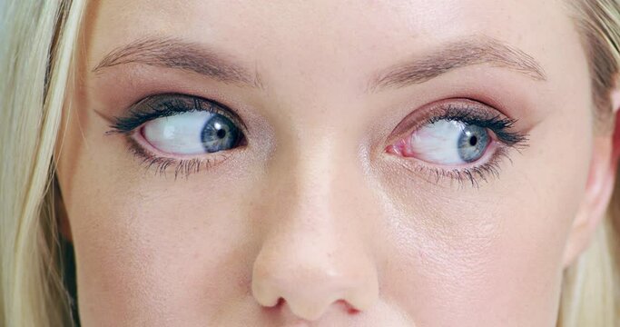 Wow, eyes and face of woman in studio for surprise news, announcement or gossip closeup. Zoom, omg and half portrait of female model shocked by secret, promotion or drama, results or hearing feedback