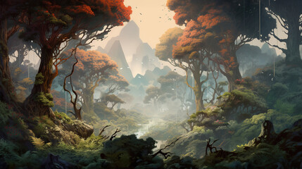 Surreal Enchantment, A Breathtaking Landscape of the Enigmatic Forest and the Divine Forest Goddess Amongst Towering Trees