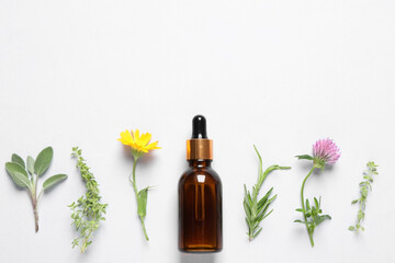 Bottle of essential oil, different herbs and flowers on white background, flat lay