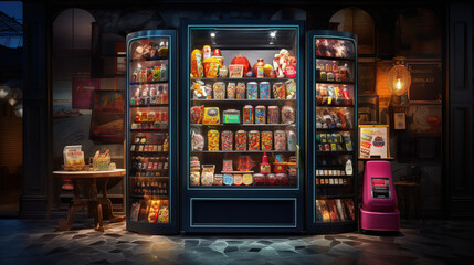 Delightful Vending Machine Dispensing a Wide Array of Tempting Gifts, Delicious Candy, and Mouthwatering Snacks to Satisfy Your Cravings and Sweet Tooth - obrazy, fototapety, plakaty