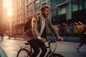 Young stylish businessman enjoying morning ride to work on bicycle, candid urban scene, eco-friendly commute