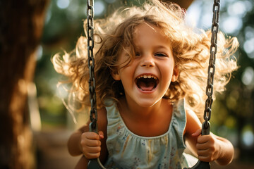 young girl joyously playing on a swing, happiness, childhood, freedom, vitality, outdoor fun, carefree