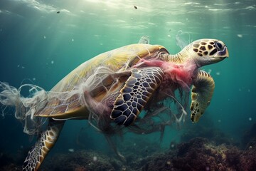 Sea turtle consumes plastic undersea; pollution issue. Generative AI