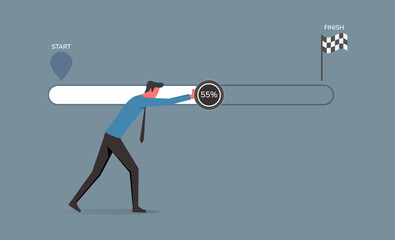 Progression for task completion, tasks completion to finish project, businessman pushes bar indicator from start to finish, managing project timeline