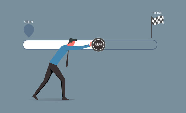 Progression for task completion, tasks completion to finish project, businessman pushes bar indicator from start to finish, managing project timeline