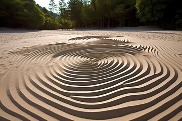 Fototapeta na wymiar Zen garden patterns raked into a bed of perfectly smooth sand