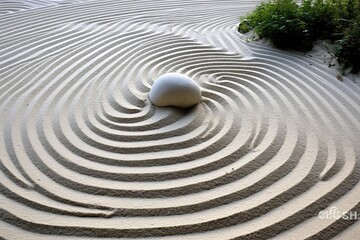 Fototapeta na wymiar Zen garden patterns raked into a bed of perfectly smooth sand