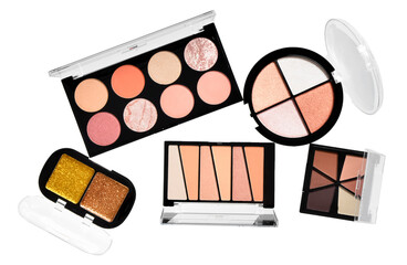 Beautiful palettes of eyeshadows on white background