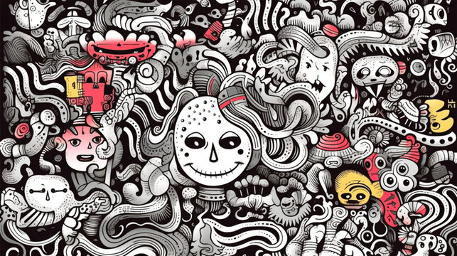 Abstract Colorful Line Art Doodle Creepy, Halloween, Kawaii doodle smiling monsters seamless pattern for child prints, designs and coloring books Vector illustration.