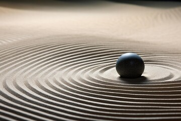 Fototapeta na wymiar Zen garden with perfectly raked sand, circling a single black stone