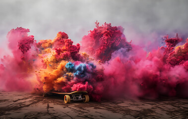 Virtual world with colorful skateboardsPink chair and beautiful colored smoke abstract background