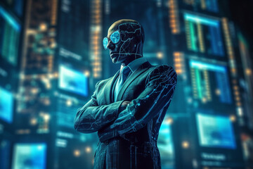 Black and blue smart cyborg robot working businessman on blurred background using USA world map interface. - obrazy, fototapety, plakaty