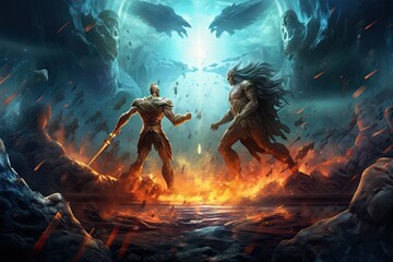 Epic plot of the battle of the gods on an abstract background