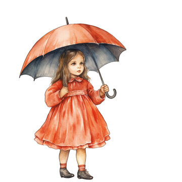 Little girl with umbrella, walking in the rain. Isolated on transparent white background