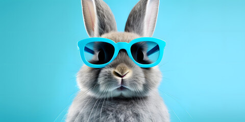 white rabbit wearing sunglasses on blue background