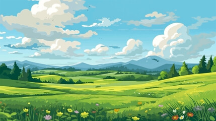 Beautiful summer anime seasonal landscape with hills and mountain, sky and clouds. Anime cartoon style. Background design vector illustration. - obrazy, fototapety, plakaty