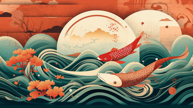 Abstract luxury oriental style background vector. Chinese and Japanese oriental line art with colorful texture. Wallpaper koi carp fish. Ocean and wave wall art. Vector illustration.