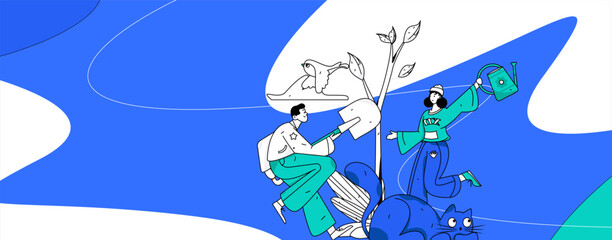 Flat character vector concept operation hand drawn illustration of planting trees on Arbor Day in spring
