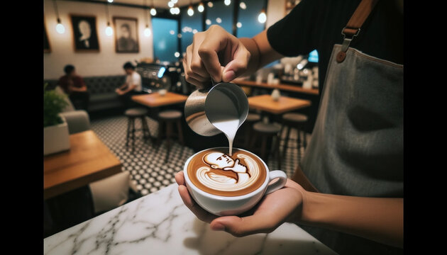 An image of a barista pouring latte art into a cup. The latte art forms the image of a pondering face with a finger on its chin - Generative AI