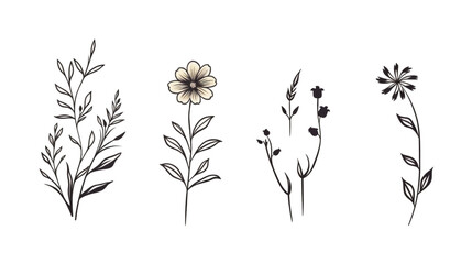 Set collection of minimal leaves and flower element, silhouette with watercolor decorative pattern. Vector Illustration or Wedding Invitation, save the date, thank you, or greeting card.