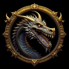 Chinese Year of the Dragon. Decorative pattern depicting a realistic oriental dragon in a round gold frame on a black background. Chinese symbol of 2024 new year. Illustration.