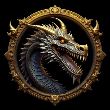 Chinese Year of the Dragon. Decorative pattern depicting a realistic oriental dragon in a round gold frame on a black background. Chinese symbol of 2024 new year. Illustration.