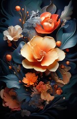A vibrant floral painting against a dark backdrop