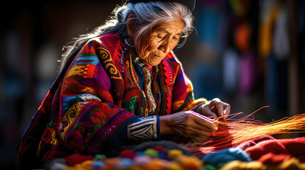 Bolivian cholita weaving traditional Bolivian ponchos, local Latin American tradition and culture, indigenous and national customs, Bolivian women working the fabric with their hands - obrazy, fototapety, plakaty