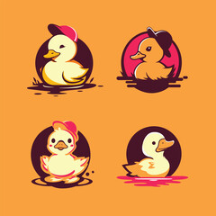 Cute Duck Logo Flat Illustration Set