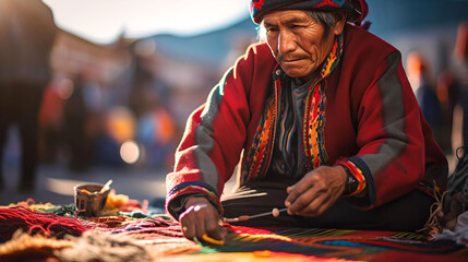 Bolivian indigenous man preparing his crafts and fabrics to sell at the fair in La Paz, Bolivia. Latin American culture and tradition, aboriginal customs - obrazy, fototapety, plakaty