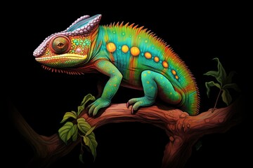 A vibrant chameleon perched on a tree branch