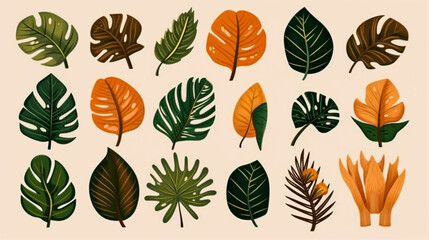Vector realistic illustration set of tropical leaves and flowers isolated on white background. Highly detailed colorful plant collection. Botanical elements for cosmetics, spa, beauty care products