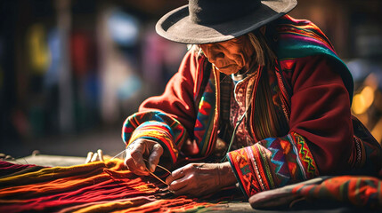 Bolivian indigenous man preparing his crafts and fabrics to sell at the fair in La Paz, Bolivia. Latin American culture and tradition, aboriginal customs - obrazy, fototapety, plakaty