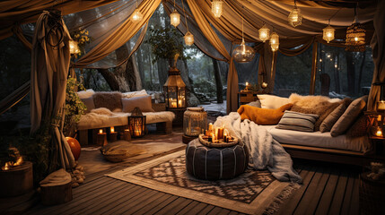 a very cozy tent with a bed and lighting. sleep under the stars