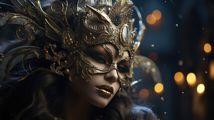 A pretty young woman with a mask, she is dressed for a mystical masquerade ball - obrazy, fototapety, plakaty