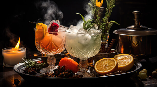 Two cocktails with smoke rising from them are on a tray