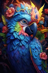 Obraz premium A vibrant parrot adorned with colorful flowers on its head