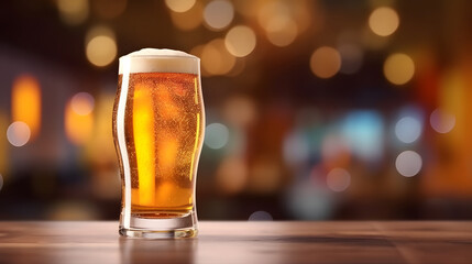 fresh beer on a wooden table with empty space