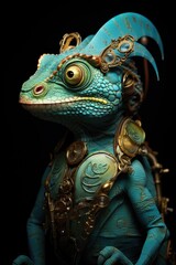 A whimsical statue of a lizard dressed in a colorful costume