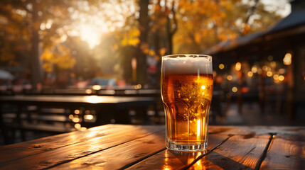 fresh beer on a wooden table with empty space