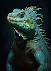 Fototapeta premium A majestic green iguana perched on a dark background