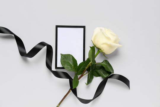 Beautiful rose with black ribbon and photo frame on white background