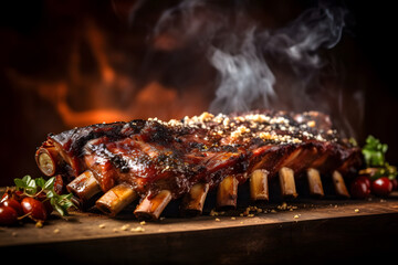 delicious ribs pork bbq with smoke, Barbecue grilled pork ribs served on wooden board. Traditional American cuisine dish - obrazy, fototapety, plakaty