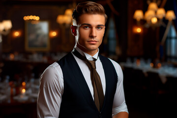 Fototapeta premium A handsome waiter with a European appearance in a nice suit on the background of a restaurant.
