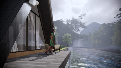 3D rendering Triangle house made of wood in the forest in the rainy season