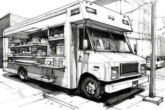 Black and white drawing of a food truck. Generative AI