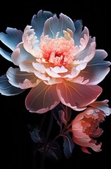 A vibrant pink and blue flower against a contrasting black background
